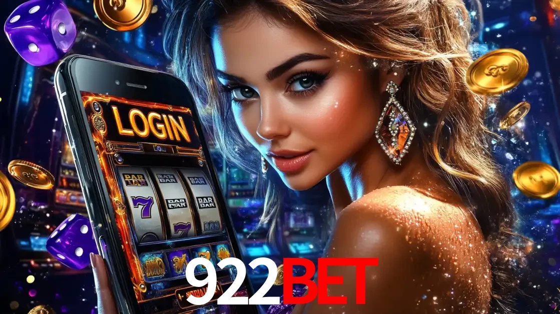Mulher glamorosa segurando um smartphone com a tela de login para os jogos de caça-níqueis do cassino online 922bet, com moedas de ouro e dados ao redor.