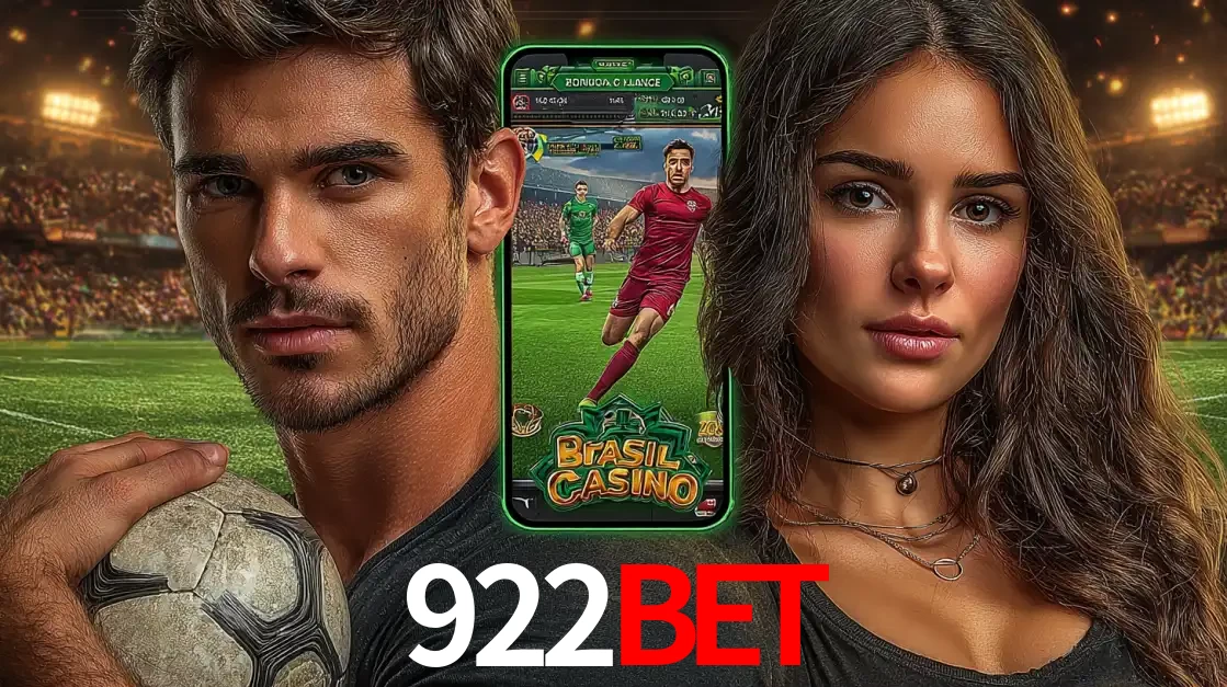 Homem segurando uma bola de futebol e uma mulher ao lado de um smartphone exibindo o jogo de apostas esportivas da 922bet. Faça seu palpite no cassino online.
